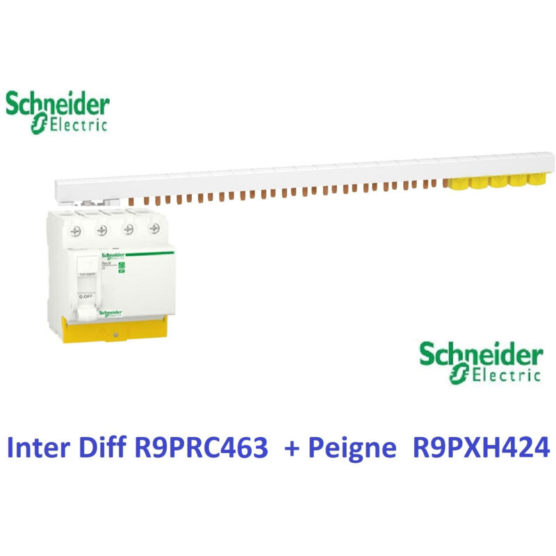Interrupteur différentiel Resi9 4P 63A 30ma - ac + Peigne 3P+N -24 m Schneider R9PRC463 + R9PXH424