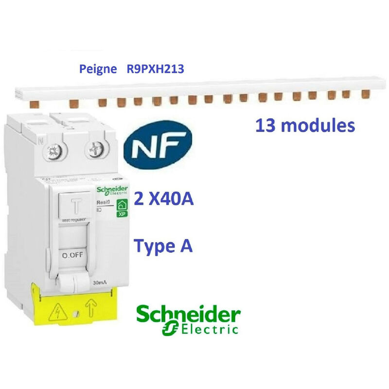 Interrupteur différentiel Resi9 xp 2P 40A 30ma type a + Peigne 13 m - Schneider R9PRA240+R9PXH213