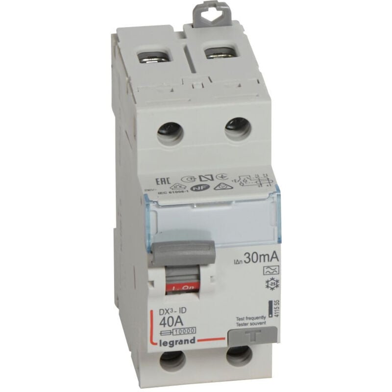 Interrupteur différentiel DX³-ID arrivée haute et départ bas à vis - 2P 230V 40A typeA 30mA - 2 modules - 411555 Legrand