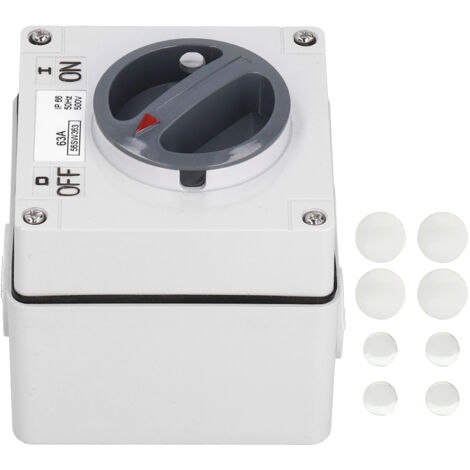 Interrupteur étanche extérieur 500V 3P63A avec boutons rotatifs et voyants, protection anti-poussière.