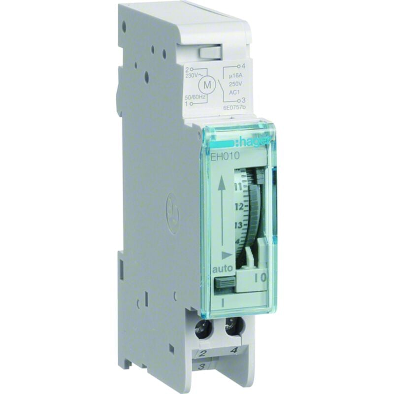 Interrupteur horaire électromécanique compact 1 voie sur 24 heures sans réserve Hager EH010