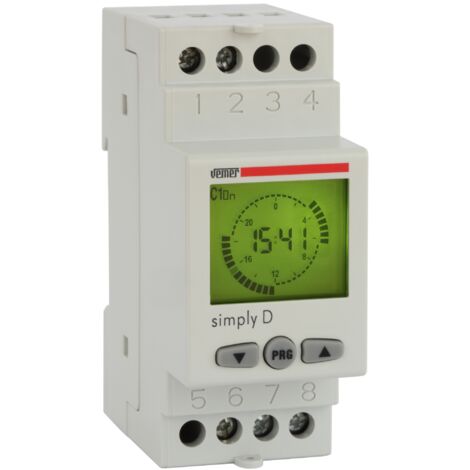 Interrupteur horaire numérique 230V AC – Programmation quotidienne 48 cavaliers – Montage sur barre DIN 2 modules – Écran LCD rétro-éclairé – Vemer