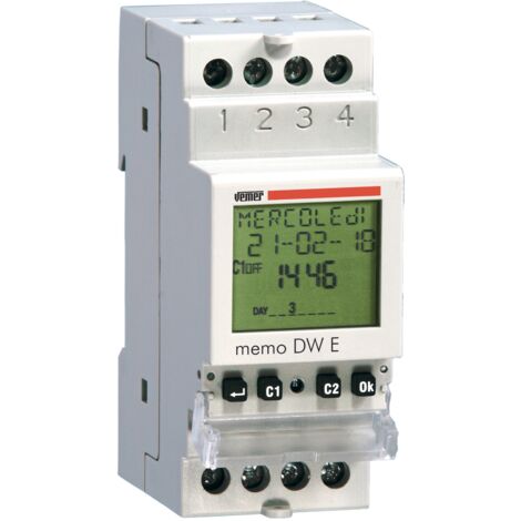 Interrupteur horaire numérique 230V AC – Programmation quotidienne/hebdomadaire – 1 relais – Écran LCD rétro-éclairé – 2 modules DIN – Vemer