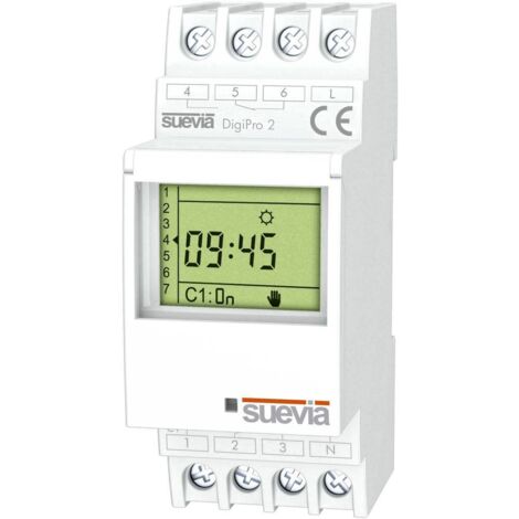 Interrupteur horaire pour rail 1 pc(s) Suevia DigiPro 2 Tension de contact (max.): 250 V/AC Courant de commutation (max.): 16 A 2 inverseurs (RT) prog S589201
