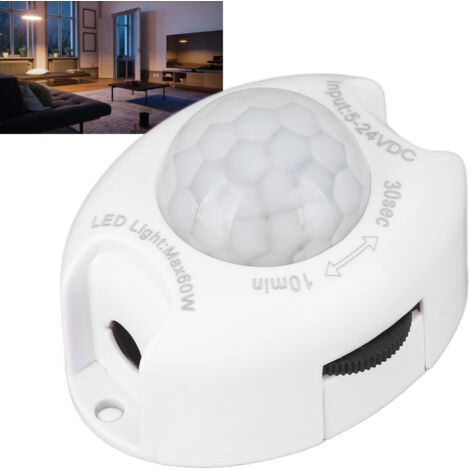 Interrupteur Infrarouge à Induction Corporelle avec DC Plug 5‑24V 60W pour Bandes LED, Distance 3‑8m, Angle 60°, Delai 30s‑10min