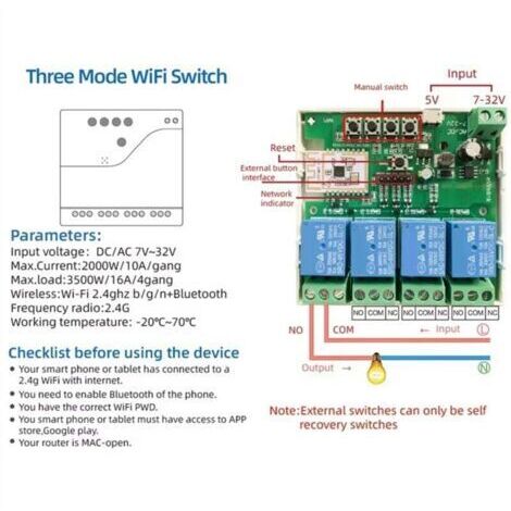 Interrupteur intelligent 4 canaux Wi-Fi Bluetooth sans fil, module relais à contact sec, télécommande APP 7-32 V