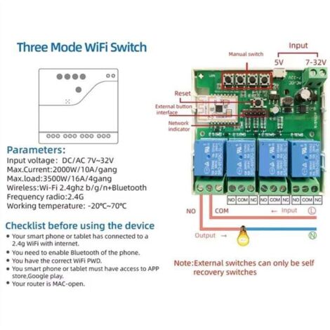 Interrupteur intelligent 4 canaux Wi-Fi Bluetooth sans fil, module relais à contact sec, télécommande APP 7-32 V
