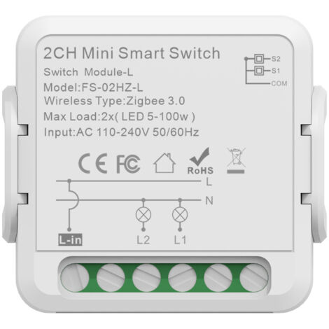 Interrupteur intelligent Zigbee 2 voies 16 A pour montage encastré – Compatible Tuya, commande vocale (Alexa/Google), contrôle via application mobile – Sans neutre, design compact pour boîte d’encastr