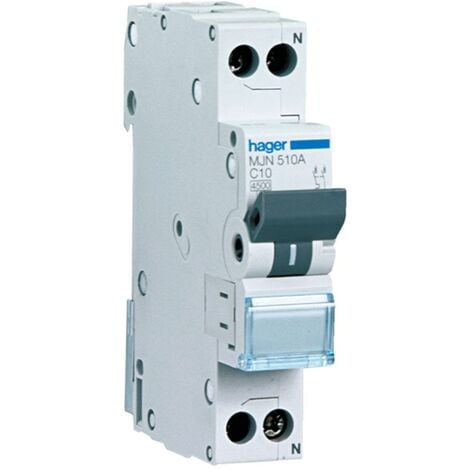 Interrupteur magnétothermique Hager 1P+N 10A 4.5 KA C 1 modules MJN510A
