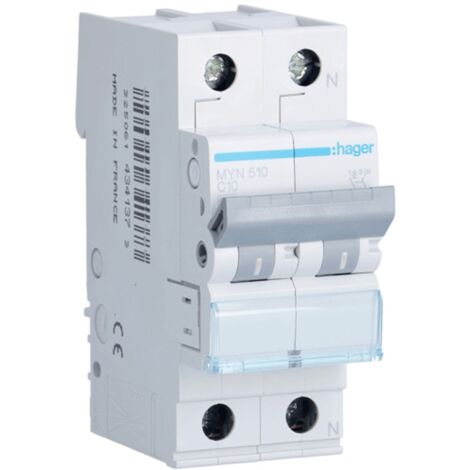 Interrupteur magnétothermique Hager 1P+N 10A 4.5 KA C 2 modules MYN510