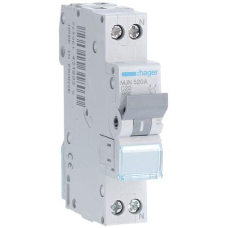 Interrupteur magnétothermique Hager 1P+N 20A 4.5 KA C 1 module MJN520A
