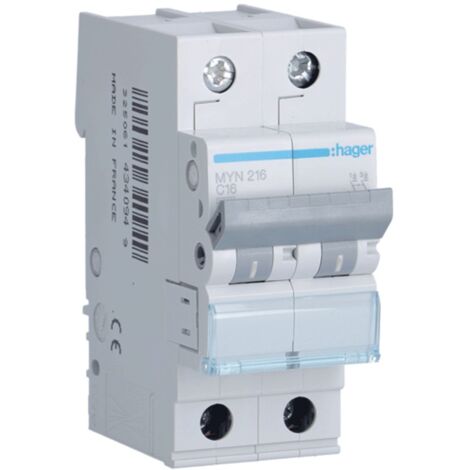 Interrupteur magnétothermique Hager 2P 16A 4,5KA C 2 modules MYN216