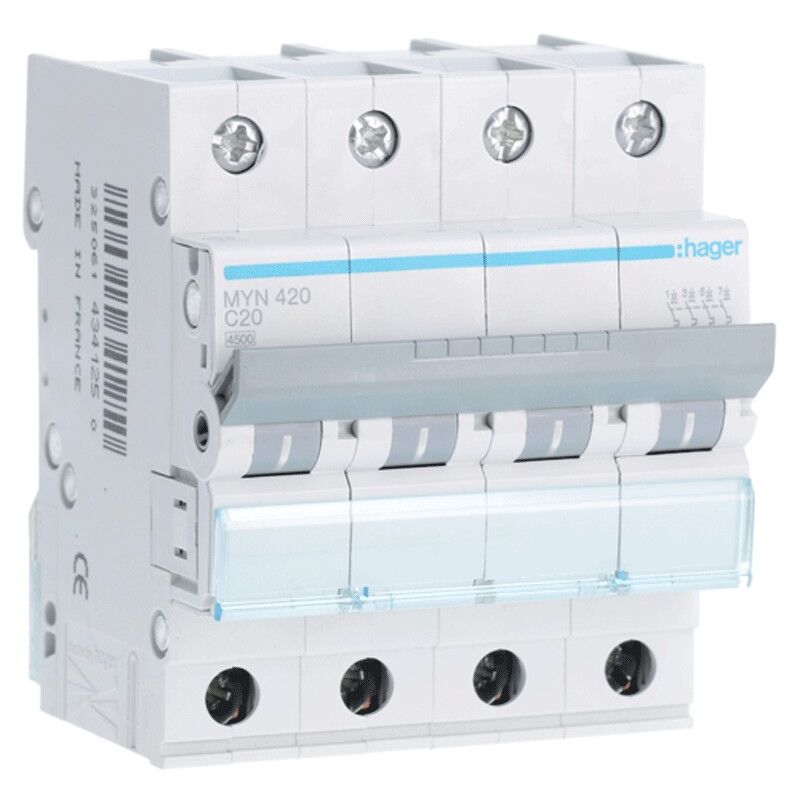 Hager - Interrupteur magnétothermique 4P 20A 4.5 ka c 4 modules MYN420