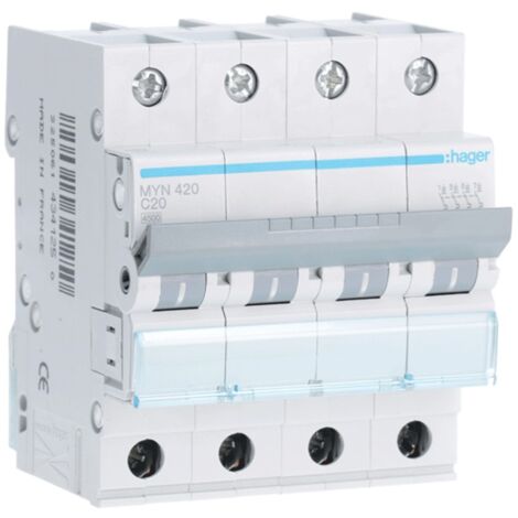 Interrupteur magnétothermique Hager 4P 20A 4.5 KA C 4 modules MYN420