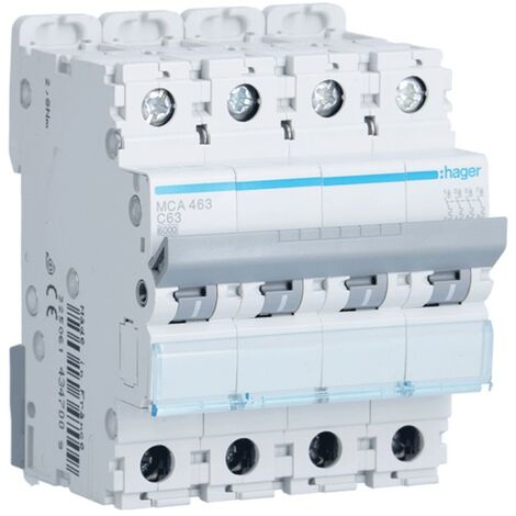 Interrupteur magnétothermique Hager 4P 63A 6 KA C 4 modules MCA463