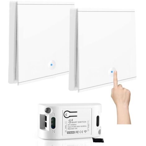 Interrupteur sans fil 230 V 10 A, kit sans pile avec 1 récepteur 433 MHz 10 A et 2 télécommandes murales unidirectionnelles sans fil jusqu'à 50 m pour lampes de 200 à 2000 W