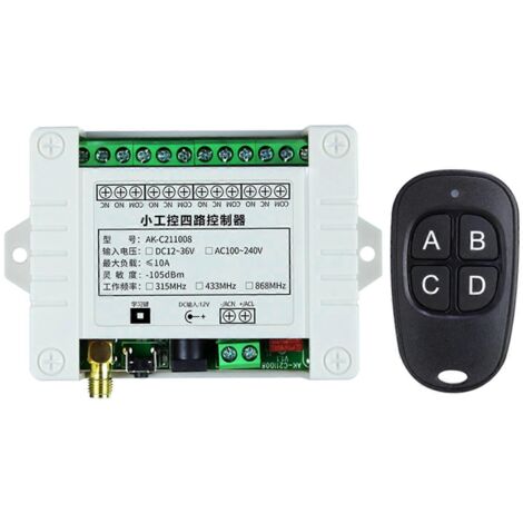 Interrupteur sans fil 4 canaux 433 MHz, télécommande DC 12V, noir pour commande à distance