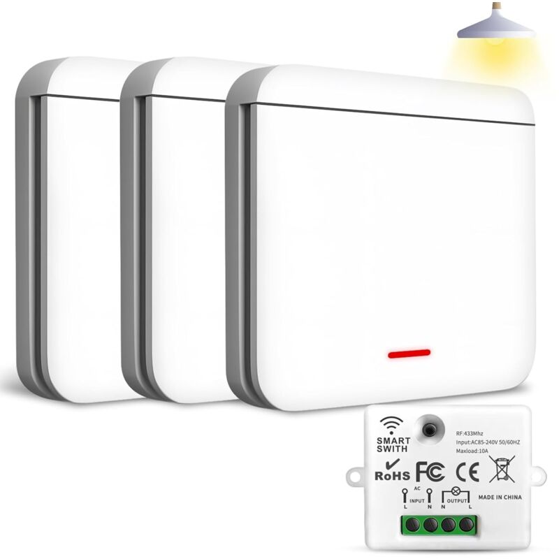 Interrupteur Sans Fil 433Mhz - 2200W/10A Interrupteur Va et Vient Sans Fil avec Récepteur (Kit 3 interrupteurs + 1 récepteurs) - Contrôle d'Éclairage