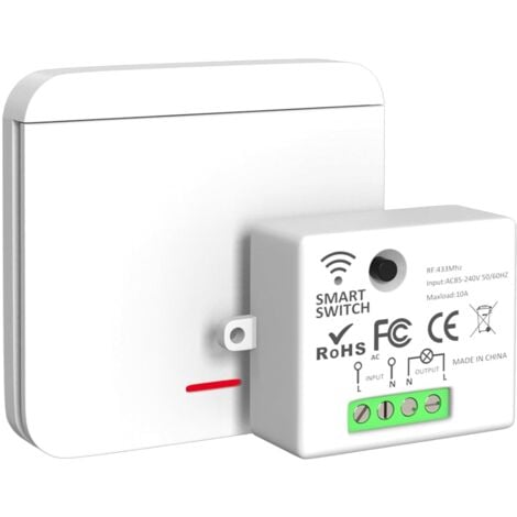 AIPERQ Interrupteur sans fil RF 433 MHz et récepteur (2 200 W/10 A), interrupteur d'éclairage, interrupteur mural sans fil pour maison connectée.