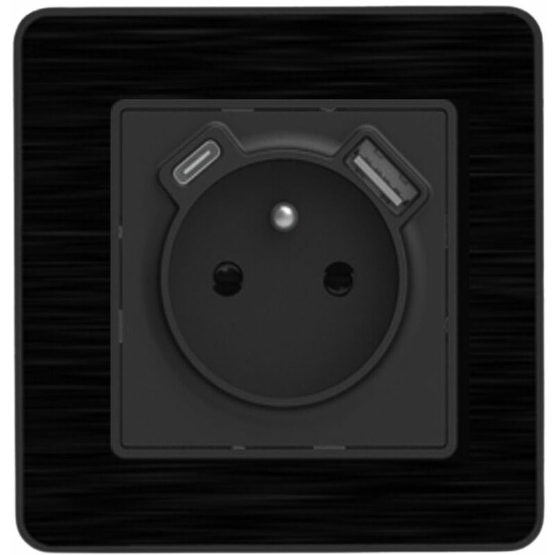 Prise 2P+T 16A USB A + USB-C 2,4A complet - métal Noir brossé Kouro - Zenitech