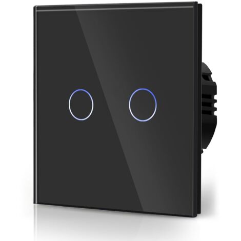 Interrupteur Tactile - 2 Gang 2 Voie - Verre Trempé 4 mm - Rétroéclairage Bleu - 110 V-240 V AC - Pour Éclairage LED - Noir