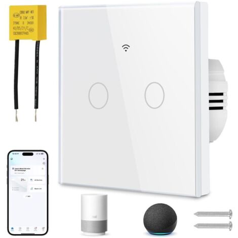Interrupteur Tactile Intelligent WiFi 2 Gangs, Compatible Tuya, Alexa et Google Home, Contrôle à Distance via Appareil Mobile