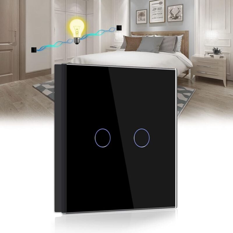 Touch Switch Two Way,Black 2 Gang 2 Way Light Switch with led Display Light,Touch Switch with Touch Sensor Crystal Glass Panel-No Neutral Wire