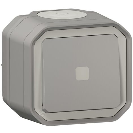 Interrupteur temporisé lumineux saillie gris – Pour installation en extérieur – Compatible avec Legrand Plexo – Résistant aux intempéries