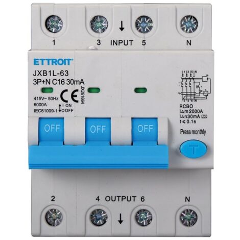 Interrupteur Thermique Magnétique Différentiel 3P+N 16A 30mA 380V-6KA CLASSE A - ETTROIT JX261664