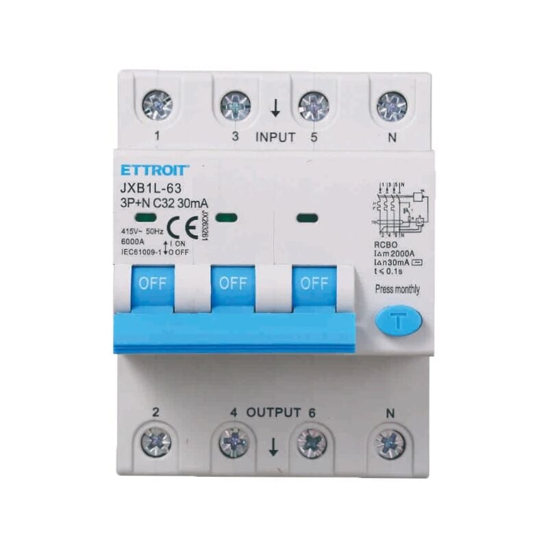 Life-saving differential magnetothermic switch for din rail 4 modules 3P+N 32A C32 380V 30mA 6KA