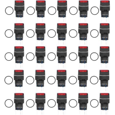 Interrupteurs À Poussoir Carrés Autobloquants Avec Éclairage 16mm 24V 5A Rouge Lot De 25 Pièces
