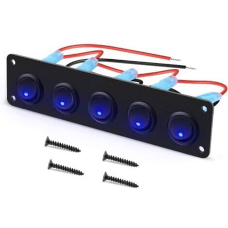 interrupteurs LED Bleu ronds à bascule 12-24V,Panneau de commutation de voiture,5 Gangs, Panneau de commutation 12V pour Voiture, Camion, Voitures de Course, Marine