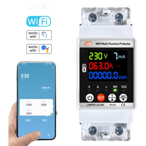 Interruptor automático inteligente monofásico Tuya WiFi con reconexión automática, pantalla digital, voltaje ajustable y protección contra fugas de corriente. Incluye medidor de energía en kilovatios-