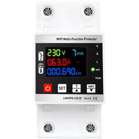Interruptor automático inteligente Tuya WiFi 63A con reconexión, monitorización de corriente y tensión, medidor de energía, valores de protección ajustables y control mediante aplicación móvil.