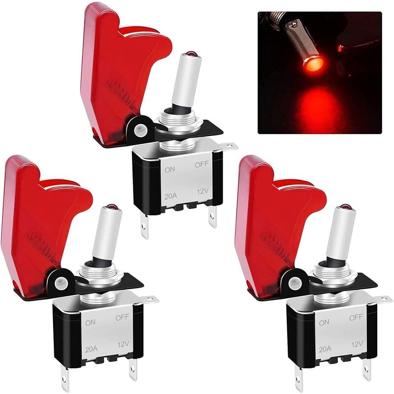 

3Pcs 12V 20A Auto SPST Interruptor basculante automático para coche de carreras Servicio pesado ON / OFF LED rojo iluminado 3 pines con cubierta de