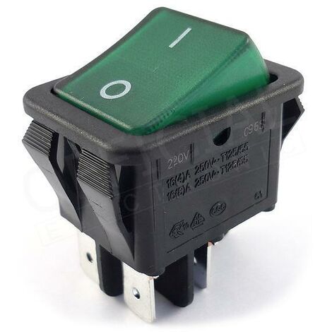 Interruptor basculante bipolar DPST ON-OFF con botón iluminado en verde y  terminales faston de 4