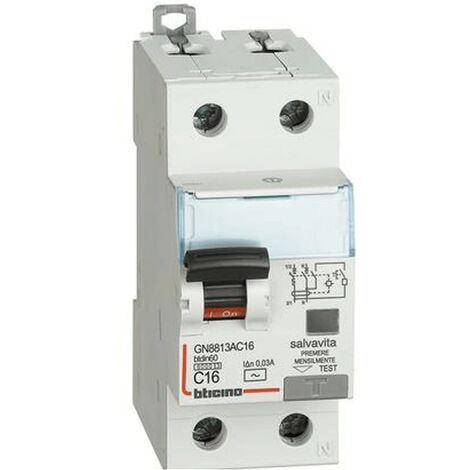Interruptor Bticino magnetotérmico diferencial 1P+N 16A 30mA AC tipo 6kA 2 módulos GN8813AC16
