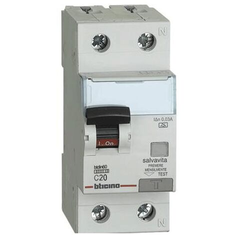 Interruptor Bticino magnetotérmico diferencial 1P+N 20A 30mA Tipo A 6kA 2 módulos GN8813A20