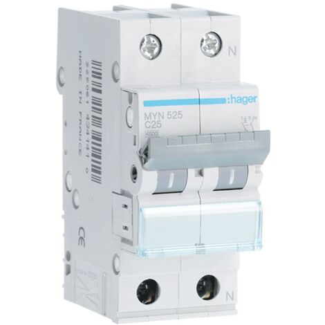 Interruptor de circuito de Hager 1P+N 25A 4.5 KA C 2 módulos MYN525