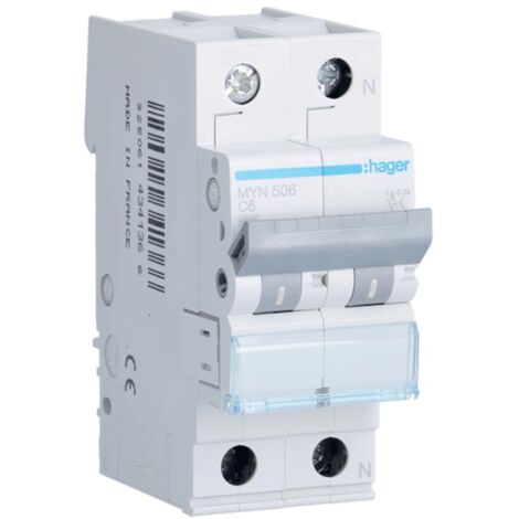 Interruptor de circuito de Hager 1P+N 6A 4,5 KA C 2 módulos MYN506