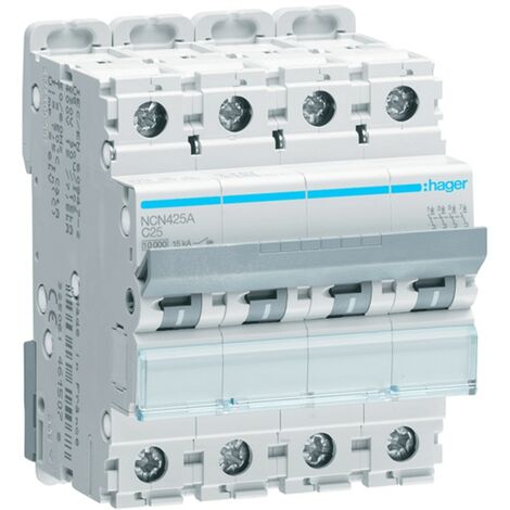 Interruptor de circuito de Hager 4P 25A 10KA C 4 módulos NCN425A