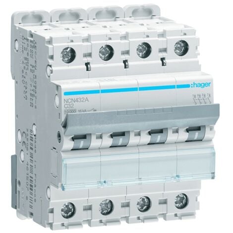 Interruptor de circuito de Hager 4P 32A 10KA C 4 módulos NCN432A
