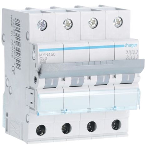 Interruptor de circuito de Hager 4P 50A 4.5 KA C 4 módulos MYN450