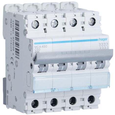 Interruptor de circuito de Hager 4P 50A 6 KA C 4 módulos MCA450