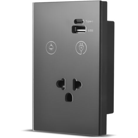 Interruptor de luz de pared táctil Wi-Fi de 2,4 GHz con puerto USB tipo C, requiere cable neutro, control unidireccional, panel de control de vidrio templado, programación mediante aplicación, control