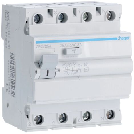 Interruptor diferencial de 4 módulos (25A 300mA 230/400V) adecuado para carril DIN IP20 8,3x7x7cm