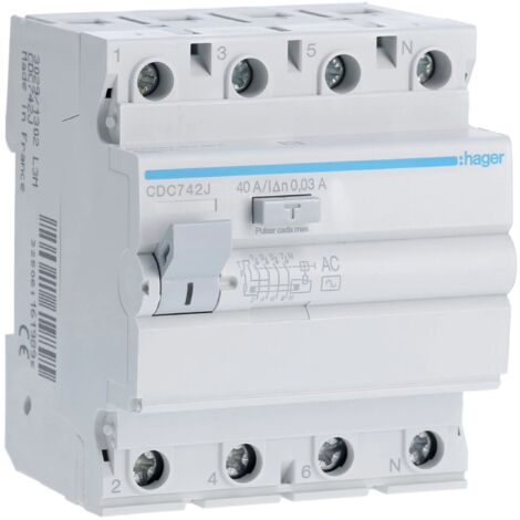 Interruptor diferencial de 4 módulos (40A 30mA 230/400V) adecuado para carril DIN IP20 8,3x7x7cm