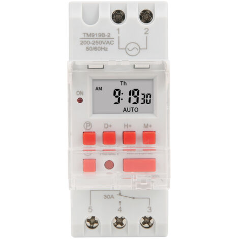 Interruptor digital LCD programable de 7 días para riel DIN TM919B-2 de 30 A con batería de respaldo.