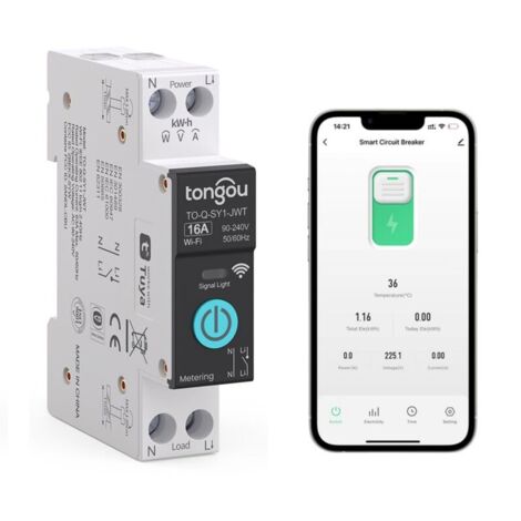Interruptor inteligente, disyuntor inteligente WiFi de un solo punto de 16 A, compatible con Alexa, Google Assistant, Smart Life y TUYA: funciones de conteo, control por voz y temporizador.