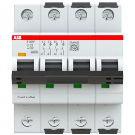 Interruptor magnetotérmico Abb S304P 4P 32A 25kA tipo C 4 módulos S304PC32